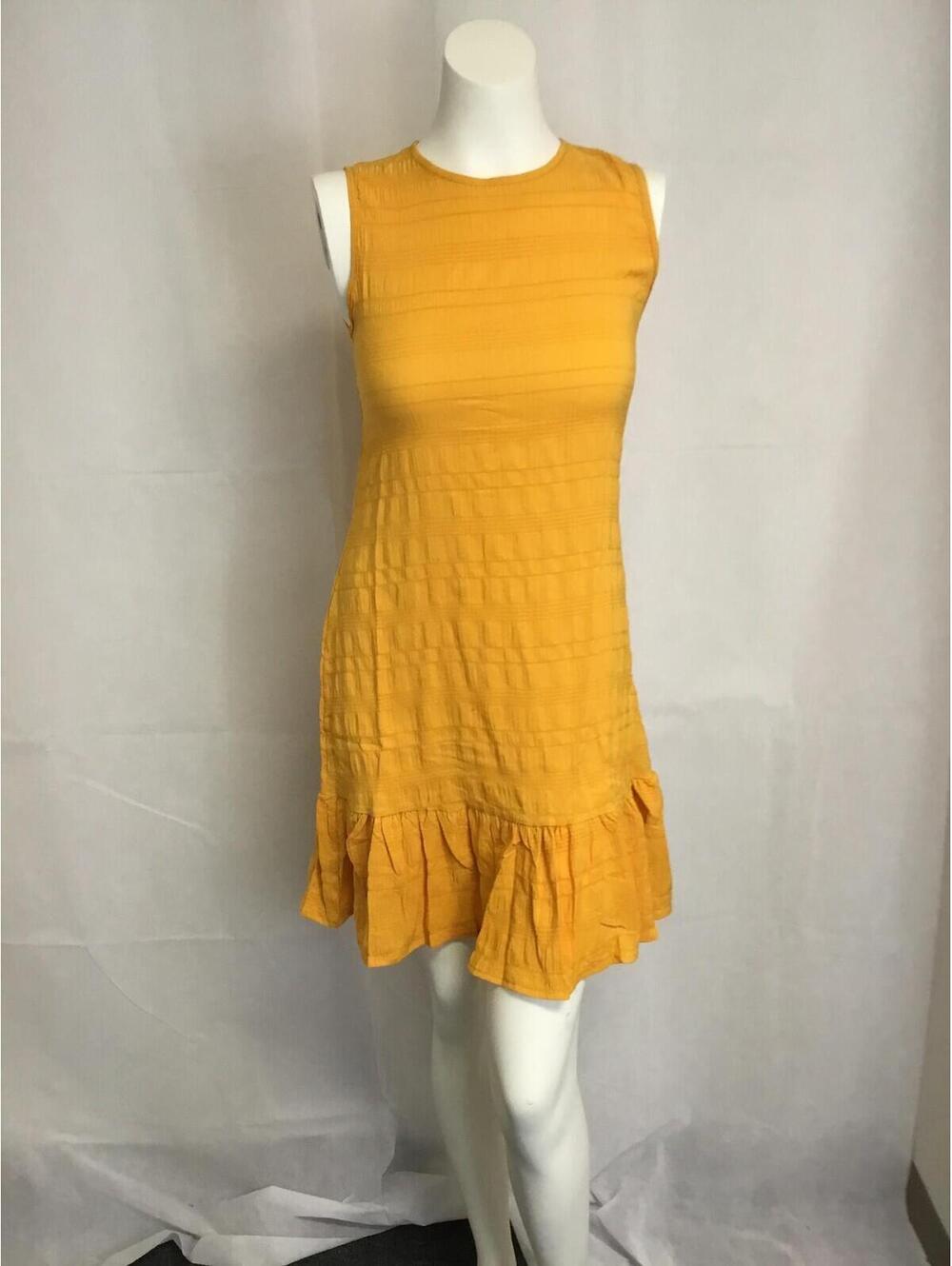 [407]Dress Womens M Yellow Sleeveless Ruffle Hem Shift Mini Trapeze Swing Casual